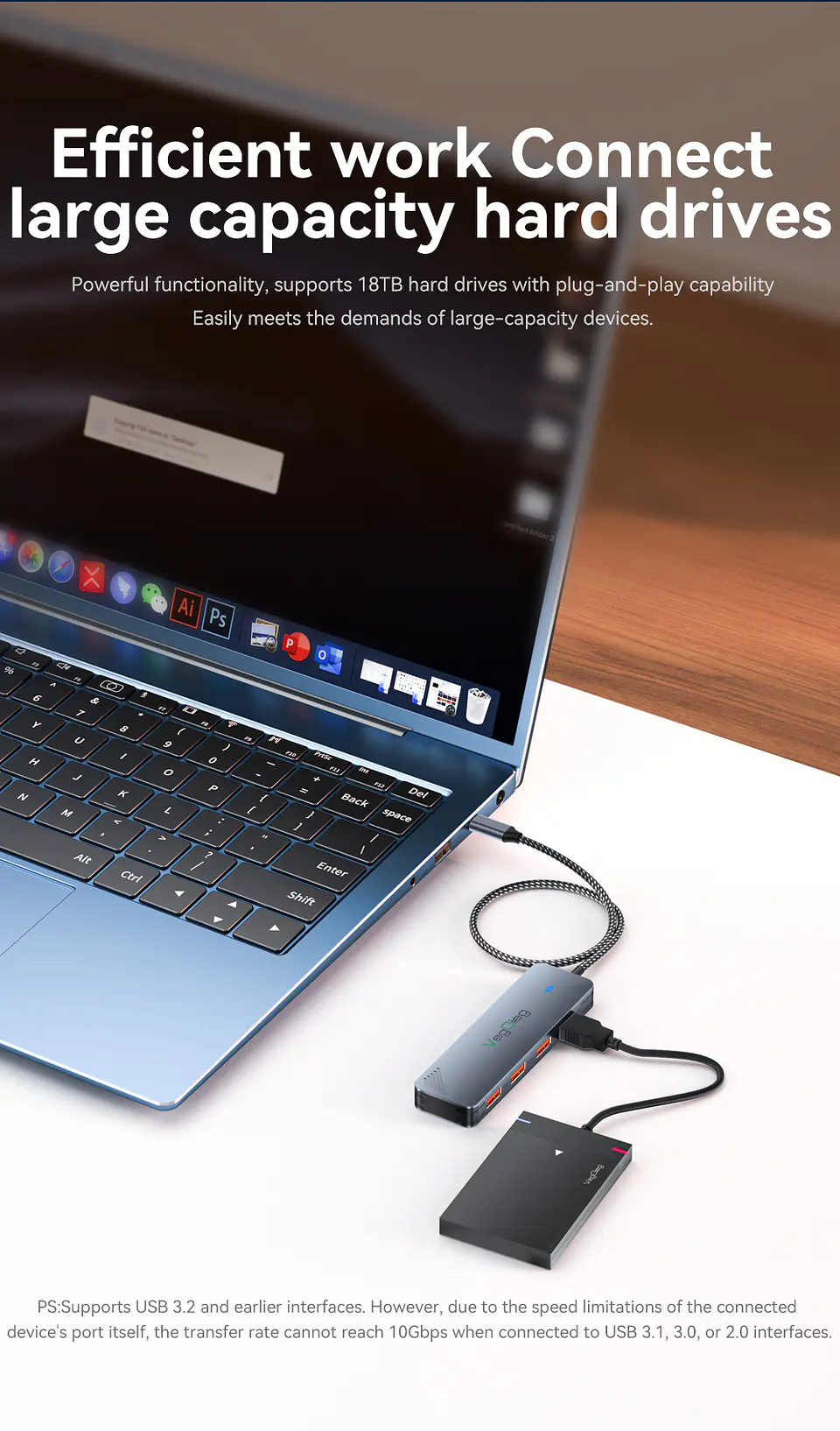 Hub Adapador Tipo C 3.2 Gen 2 A 4 Puertos Usb 10gbs Veggieg Gris metalico 9