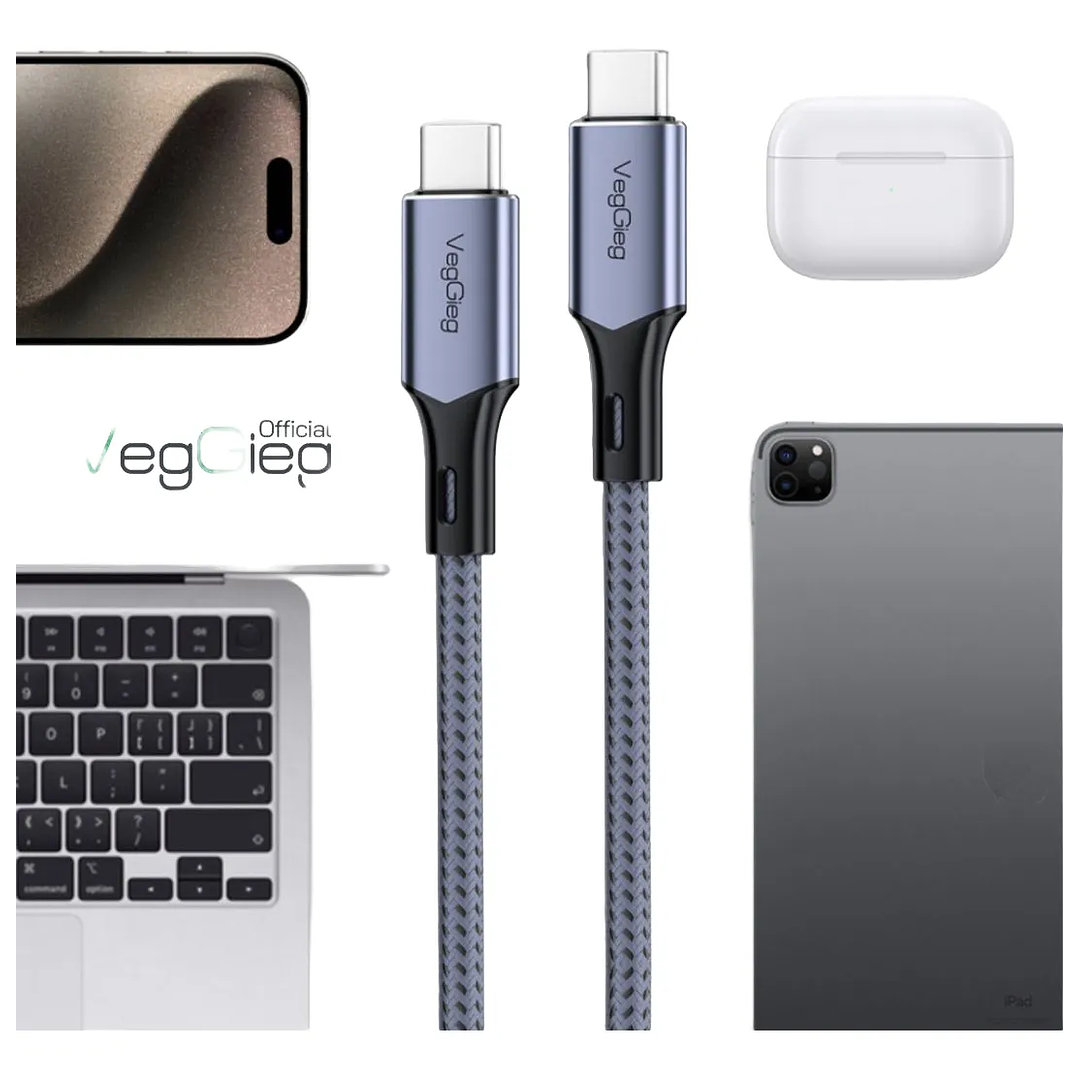 Cable Veggieg De Carga Rápida Tipo C A Tipo C 100 W Trenzado Gris 2