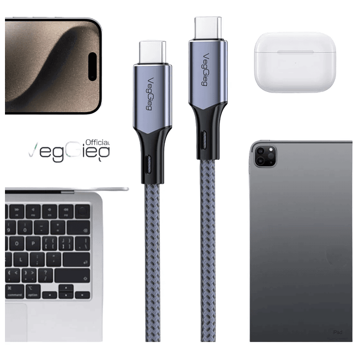 Cable Veggieg De Carga Rápida Tipo C A Tipo C 100 W Trenzado Gris 2