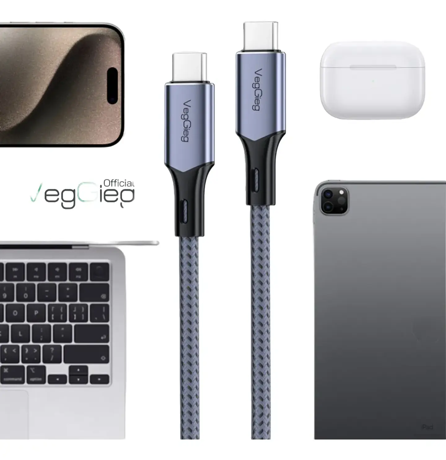 Cable Veggieg De Carga Rápida Tipo C A Tipo C 100 W Trenzado Gris 2