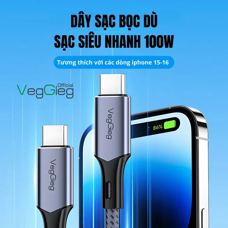 Cable Veggieg De Carga Rápida Tipo C A Tipo C 100 W Trenzado Gris 3