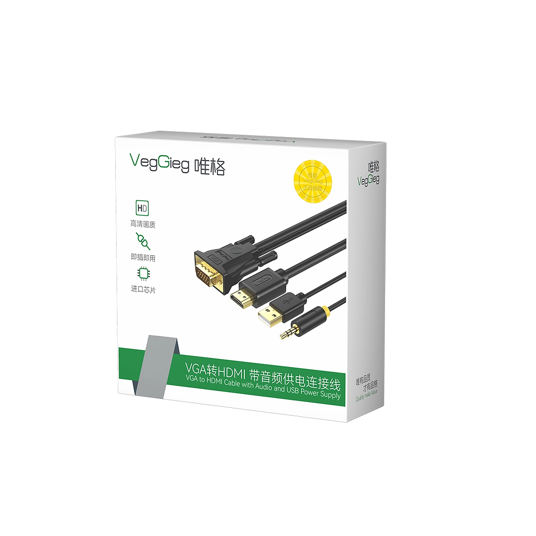 Adaptador VGA a HDMI con Audio y USB – VEGGIEG | 1080P Full HD 1.5 / 3 / 5 Metros 1