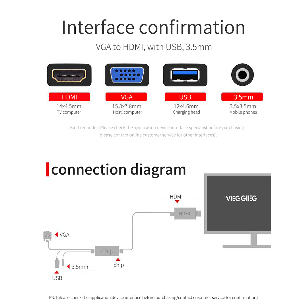 Adaptador VGA a HDMI con Audio y USB – VEGGIEG | 1080P Full HD 1.5 / 3 / 5 Metros 2