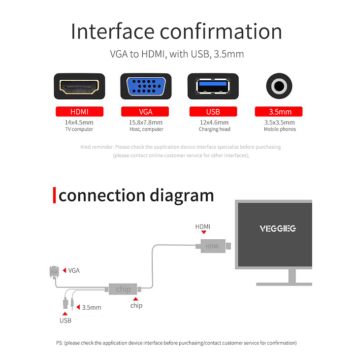 Adaptador VGA a HDMI con Audio y USB – VEGGIEG | 1080P Full HD 1.5 / 3 / 5 Metros 2