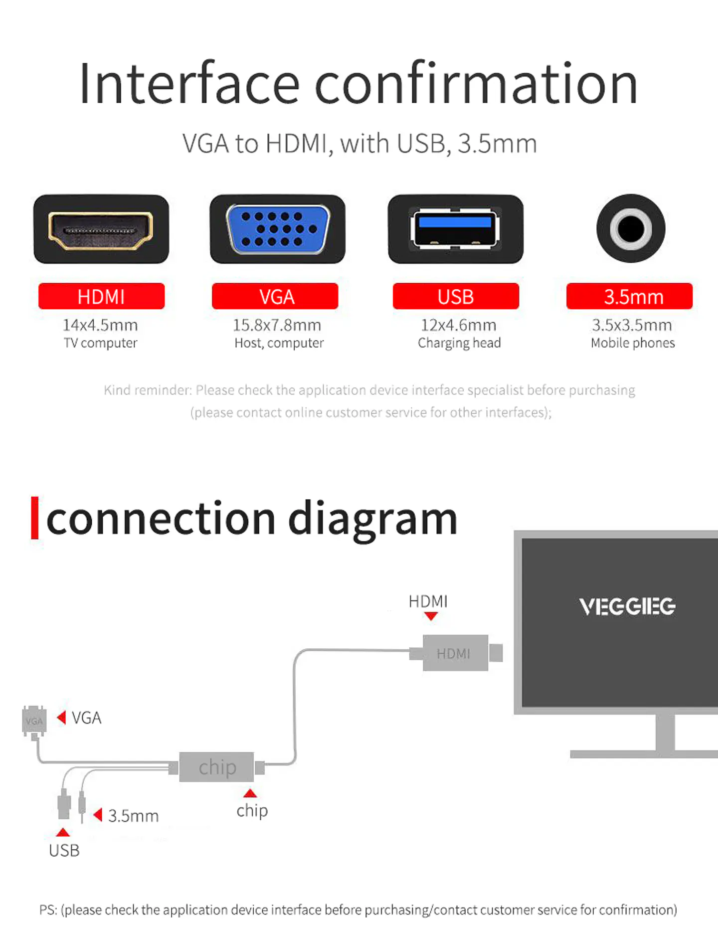 Adaptador VGA a HDMI con Audio y USB – VEGGIEG | 1080P Full HD 1.5 / 3 / 5 Metros 2