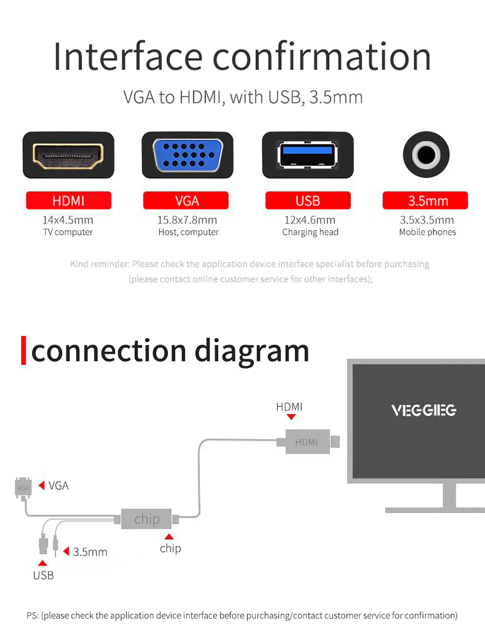 Adaptador VGA a HDMI con Audio y USB – VEGGIEG | 1080P Full HD 1.5 / 3 / 5 Metros 2