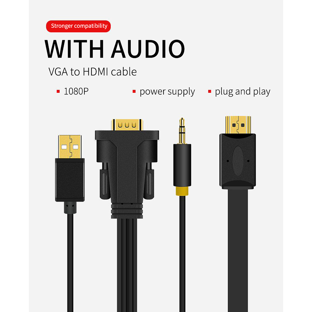 Adaptador VGA a HDMI con Audio y USB – VEGGIEG | 1080P Full HD 1.5 / 3 / 5 Metros 10