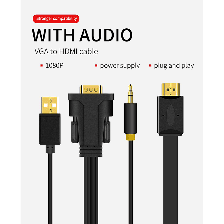 Adaptador VGA a HDMI con Audio y USB – VEGGIEG | 1080P Full HD 1.5 / 3 / 5 Metros 10