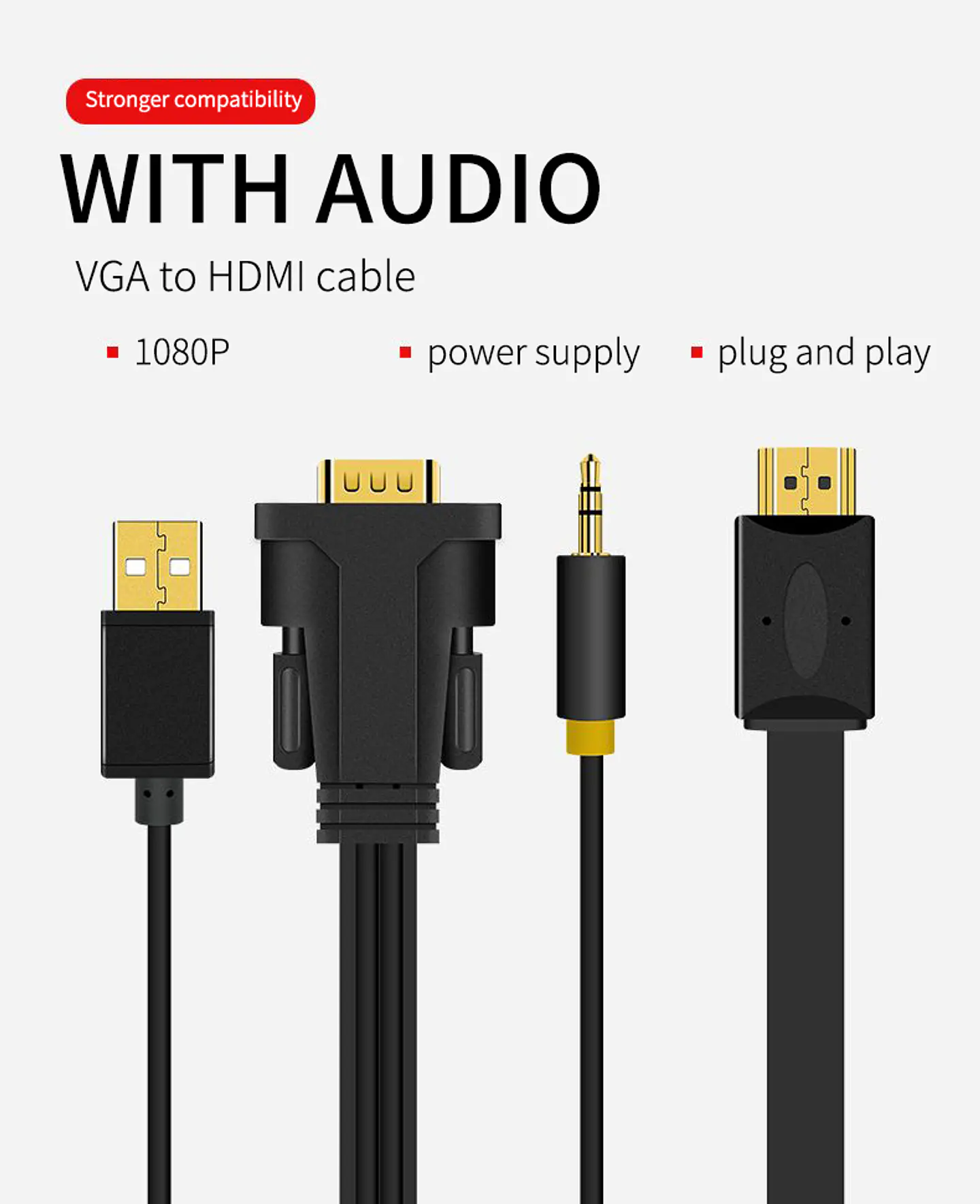 Adaptador VGA a HDMI con Audio y USB – VEGGIEG | 1080P Full HD 1.5 / 3 / 5 Metros 10