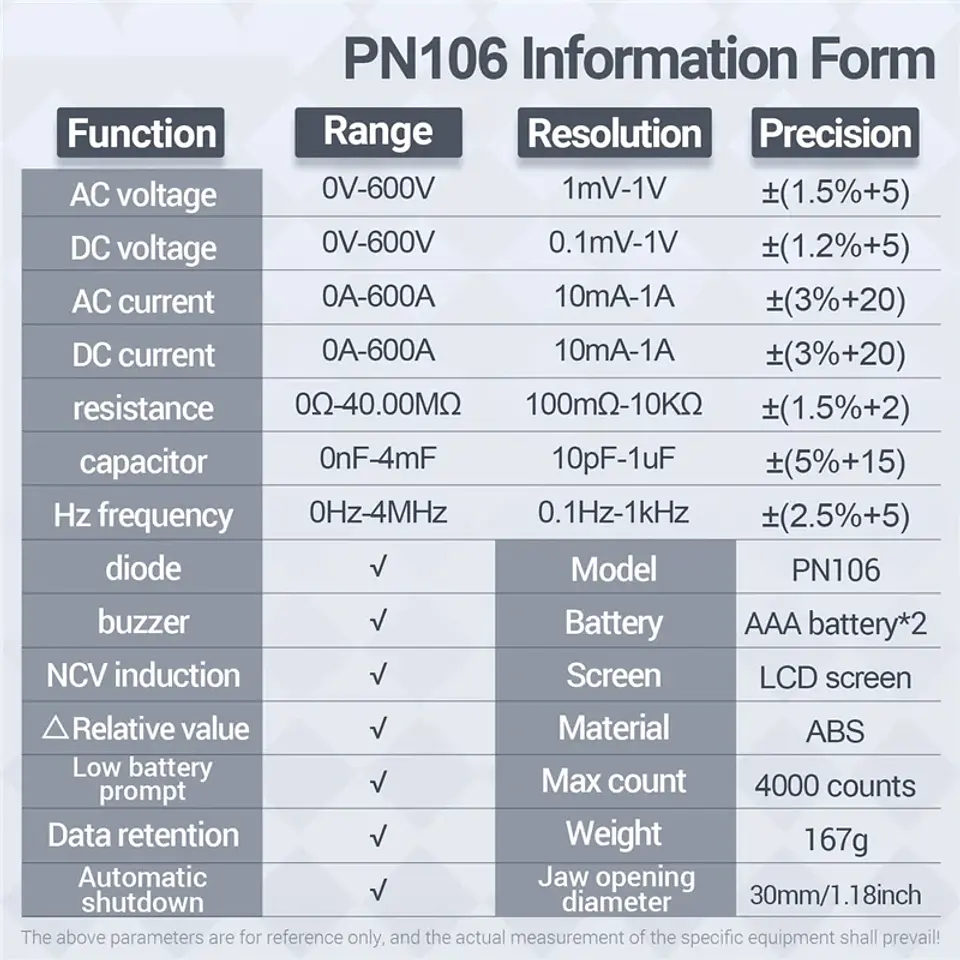Pinza Amperimétrica Digital ANENG PN106 Profesional Multímetro AC/DC 600A 6
