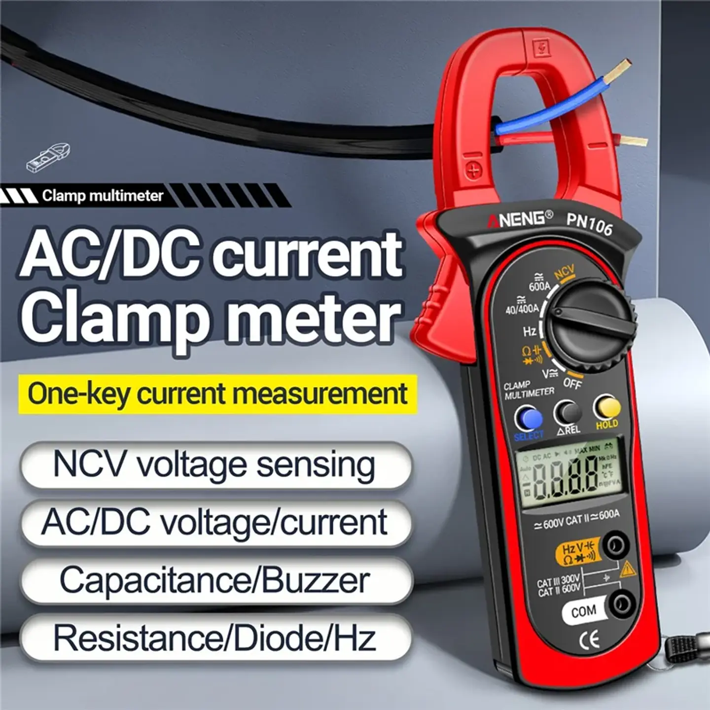 Pinza Amperimétrica Digital ANENG PN106 Profesional Multímetro AC/DC 600A 10