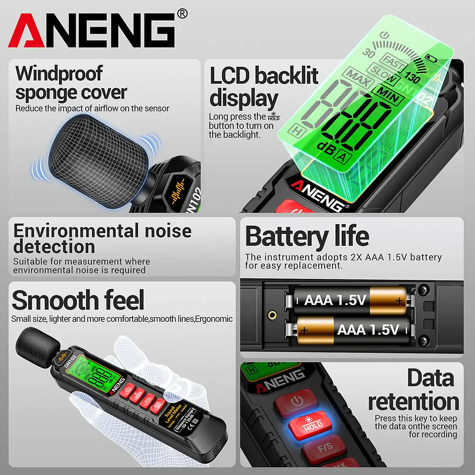 Medidor de Ruido Digital ANENG GN102  Decibelímetro Profesional 30-130 dB 5