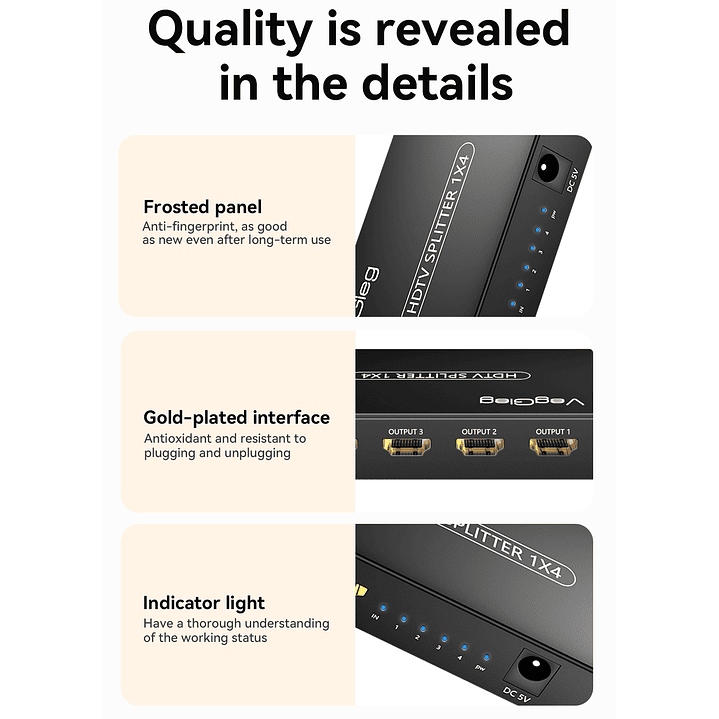 Splitter HDMI 1x8 VegGieg V-HD08 | Distribuidor HDMI 4K | 1 Entrada 8 Salidas | Plug & Play 2