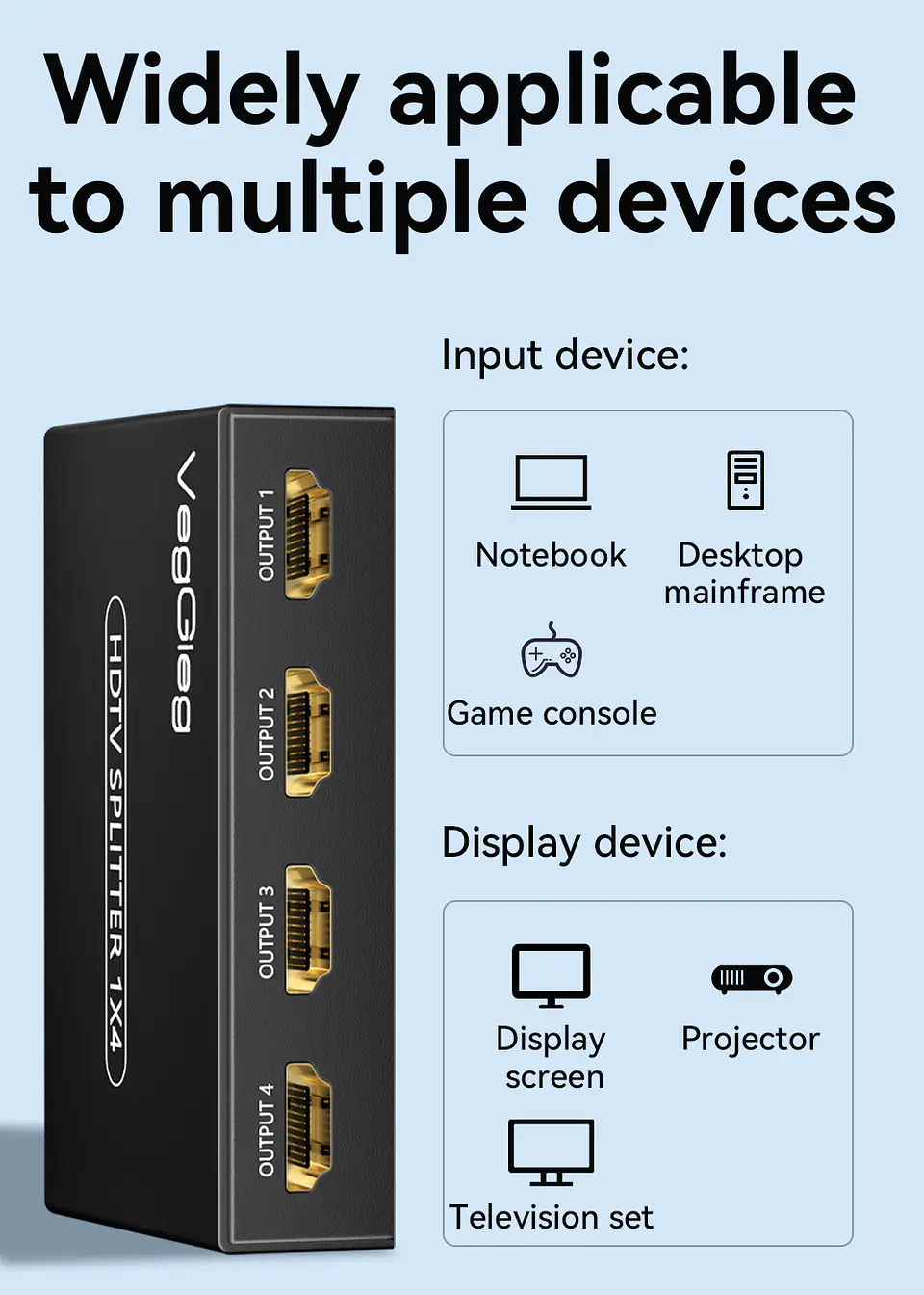 Splitter HDMI 1x4 VegGieg V-HD07 | Distribuidor HDMI 4K | 1 Entrada 4 Salidas | Plug & Play 3