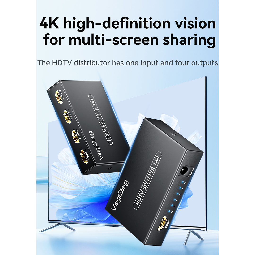 Splitter HDMI 1x4 VegGieg V-HD07 | Distribuidor HDMI 4K | 1 Entrada 4 Salidas | Plug & Play 4