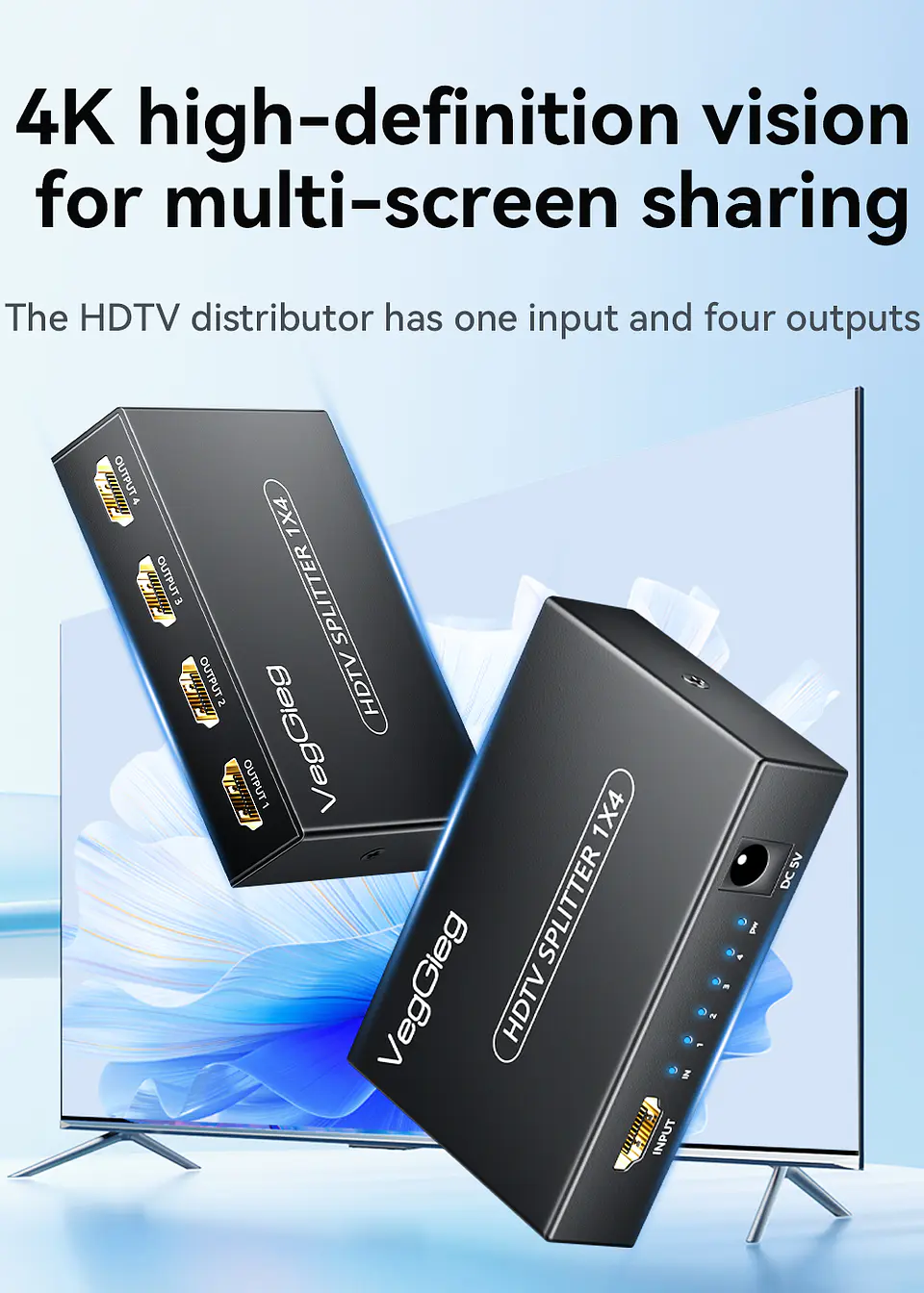 Splitter HDMI 1x4 VegGieg V-HD07 | Distribuidor HDMI 4K | 1 Entrada 4 Salidas | Plug & Play 4