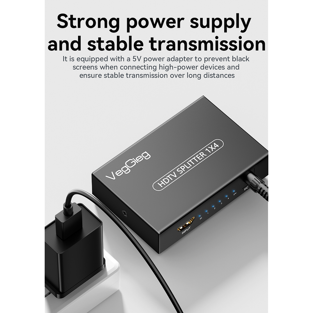 Splitter HDMI 1x4 VegGieg V-HD07 | Distribuidor HDMI 4K | 1 Entrada 4 Salidas | Plug & Play 5