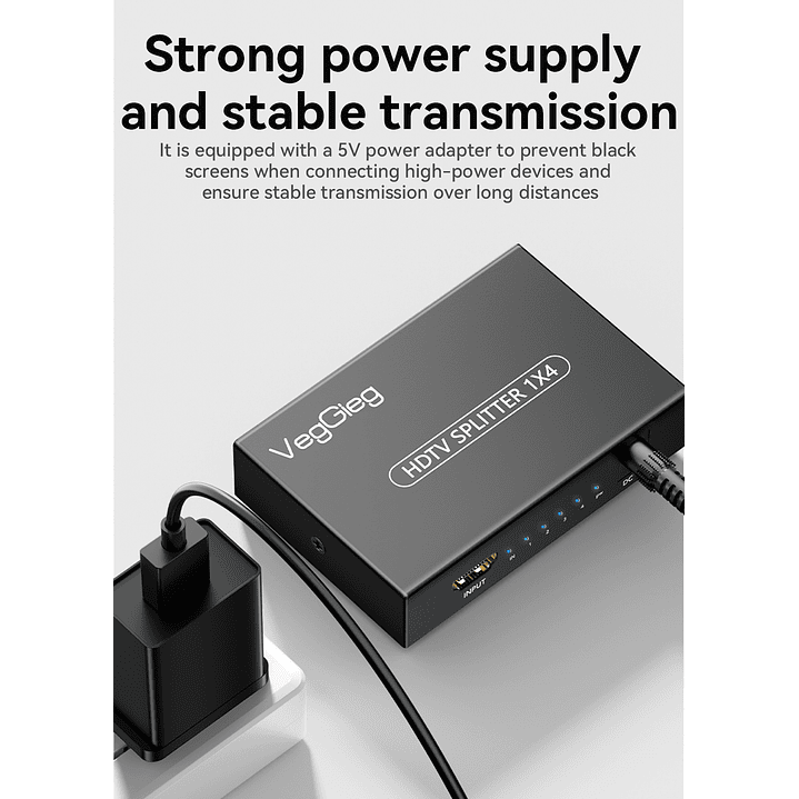 Splitter HDMI 1x4 VegGieg V-HD07 | Distribuidor HDMI 4K | 1 Entrada 4 Salidas | Plug & Play 5