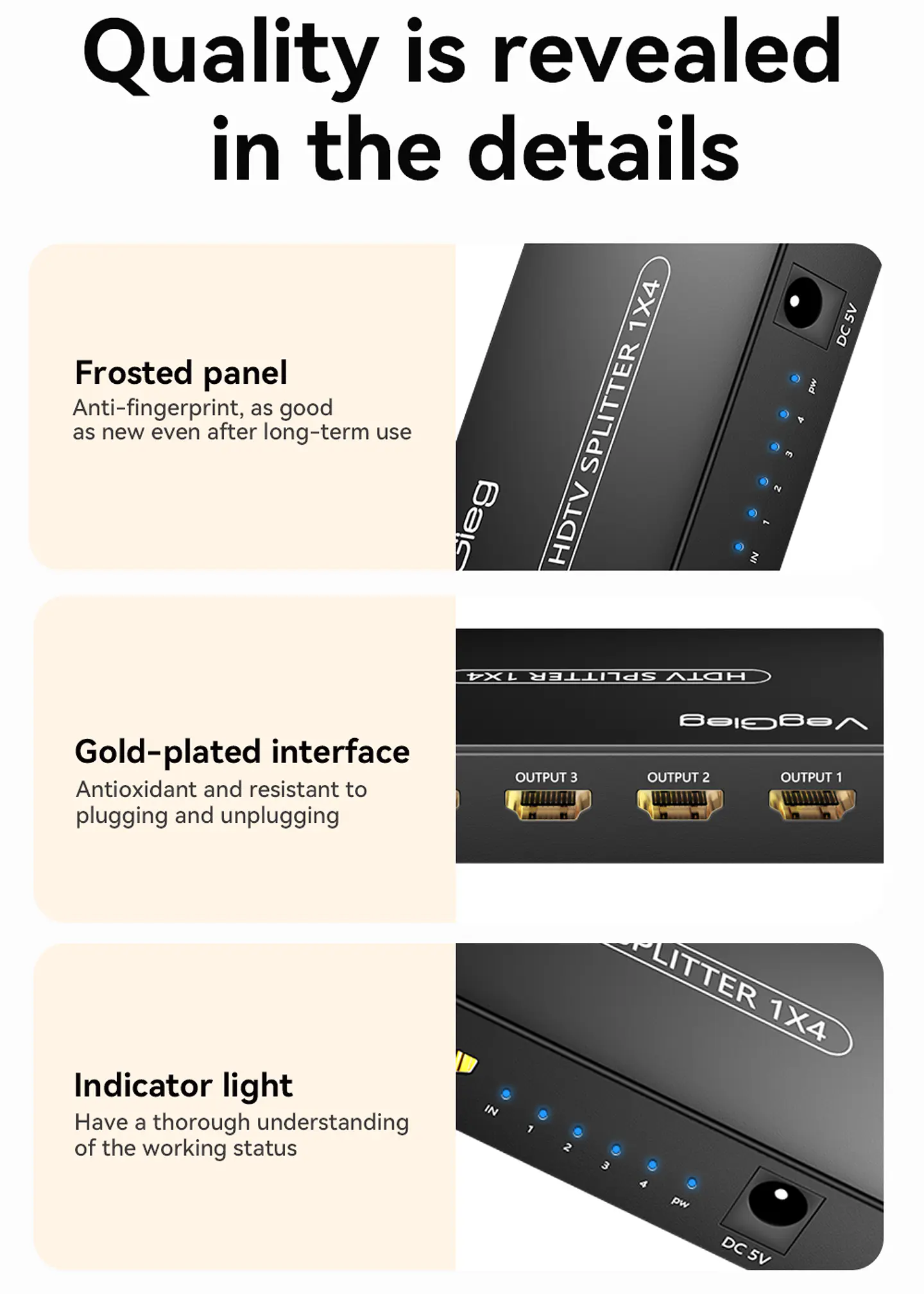 Splitter HDMI 1x4 VegGieg V-HD07 | Distribuidor HDMI 4K | 1 Entrada 4 Salidas | Plug & Play 6