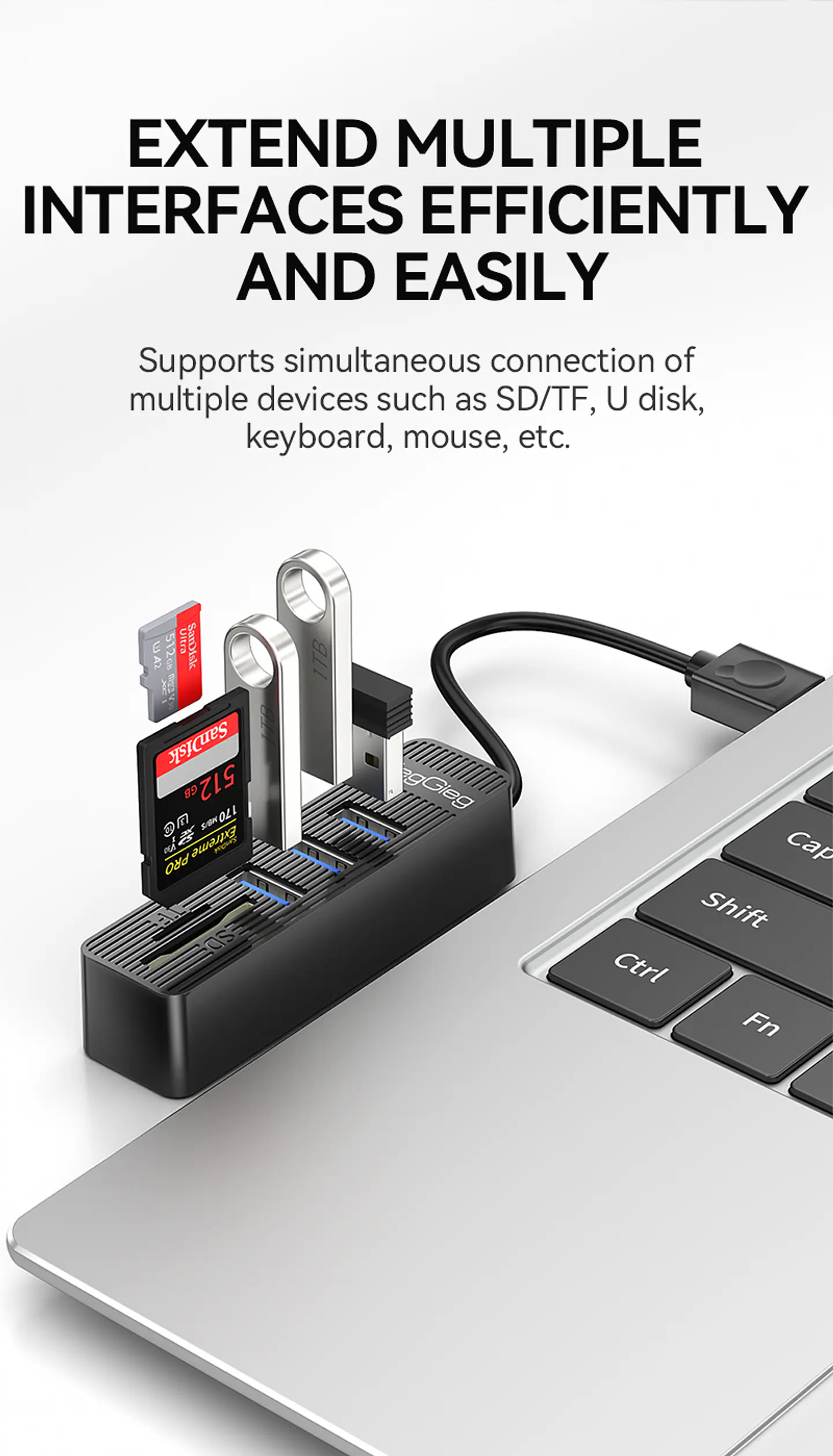 Hub USB 5 en 1 VegGieg V-C303 | 3 Puertos USB + Lector SD / MicroSD | USB 2.0 | Laptop / PC 3