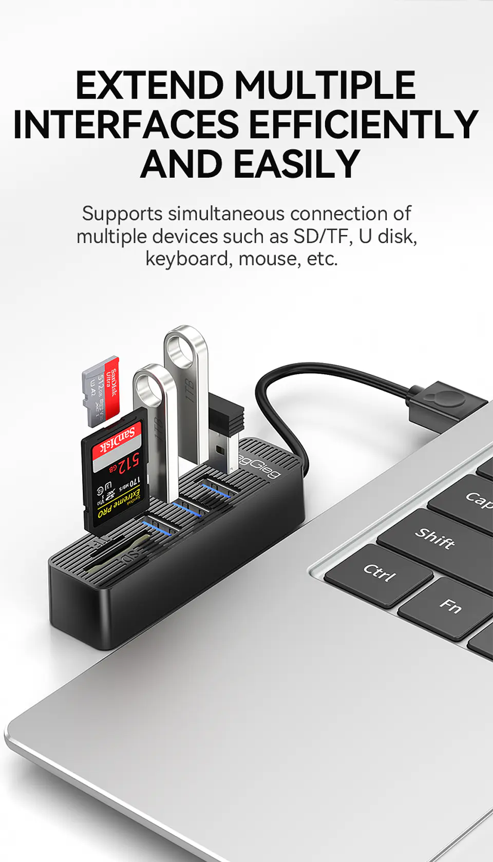 Hub USB 5 en 1 VegGieg V-C303 | 3 Puertos USB + Lector SD / MicroSD | USB 2.0 | Laptop / PC 3