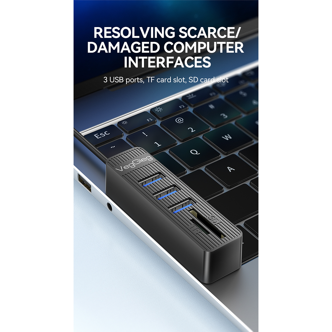 Hub USB 5 en 1 VegGieg V-C303 | 3 Puertos USB + Lector SD / MicroSD | USB 2.0 | Laptop / PC 4