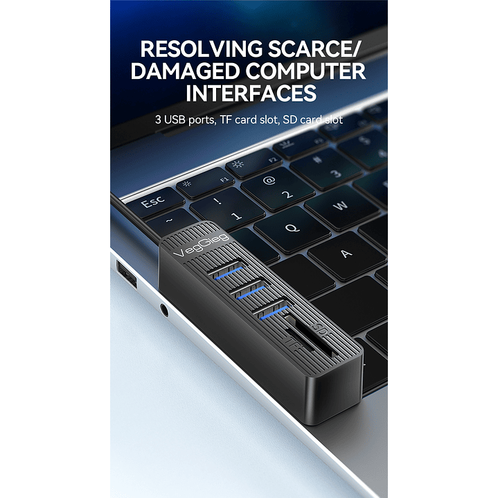 Hub USB 5 en 1 VegGieg V-C303 | 3 Puertos USB + Lector SD / MicroSD | USB 2.0 | Laptop / PC 4