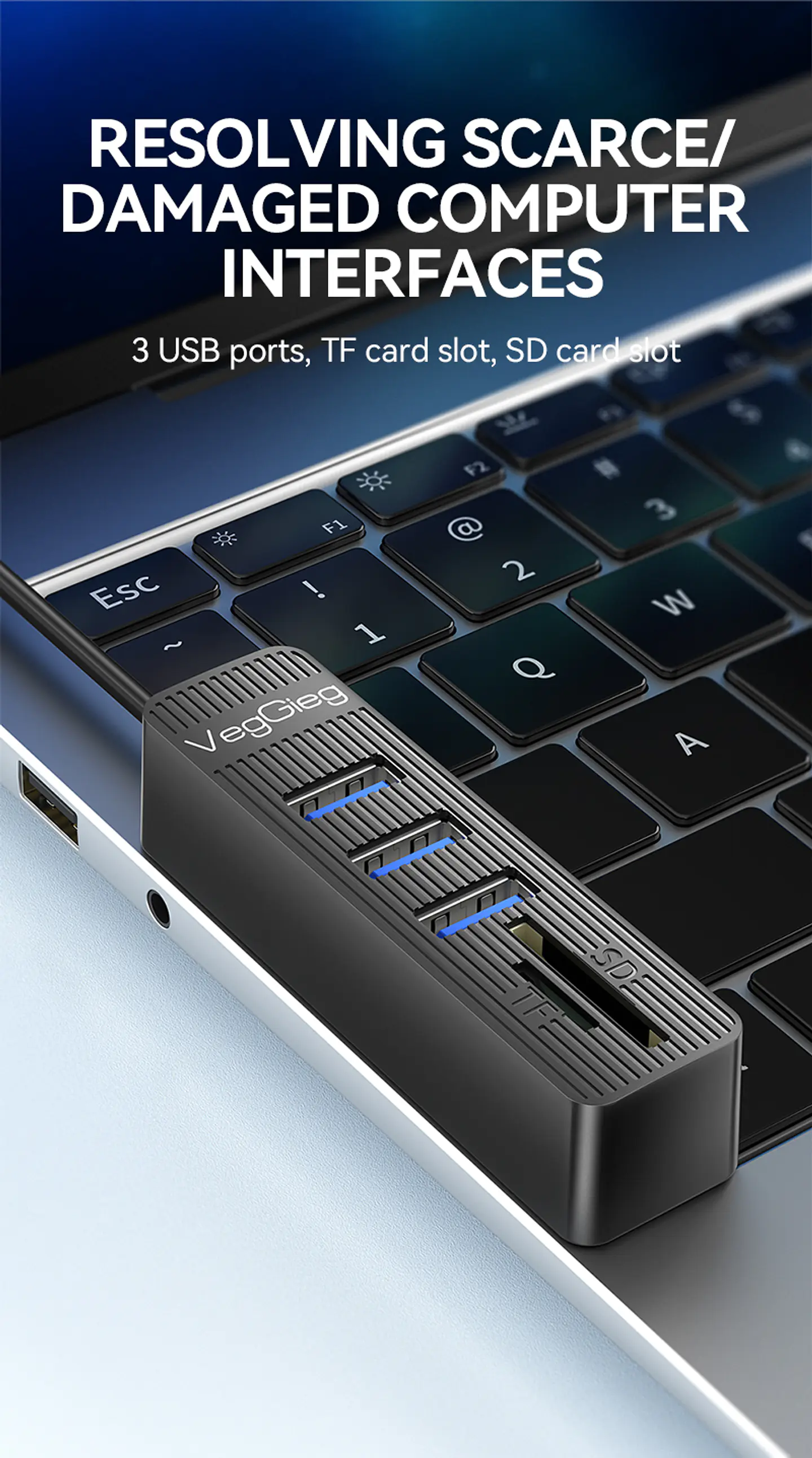Hub USB 5 en 1 VegGieg V-C303 | 3 Puertos USB + Lector SD / MicroSD | USB 2.0 | Laptop / PC 4