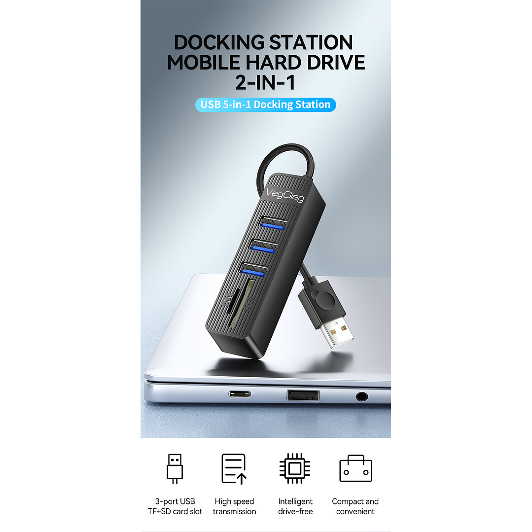 Hub USB 5 en 1 VegGieg V-C303 | 3 Puertos USB + Lector SD / MicroSD | USB 2.0 | Laptop / PC 5