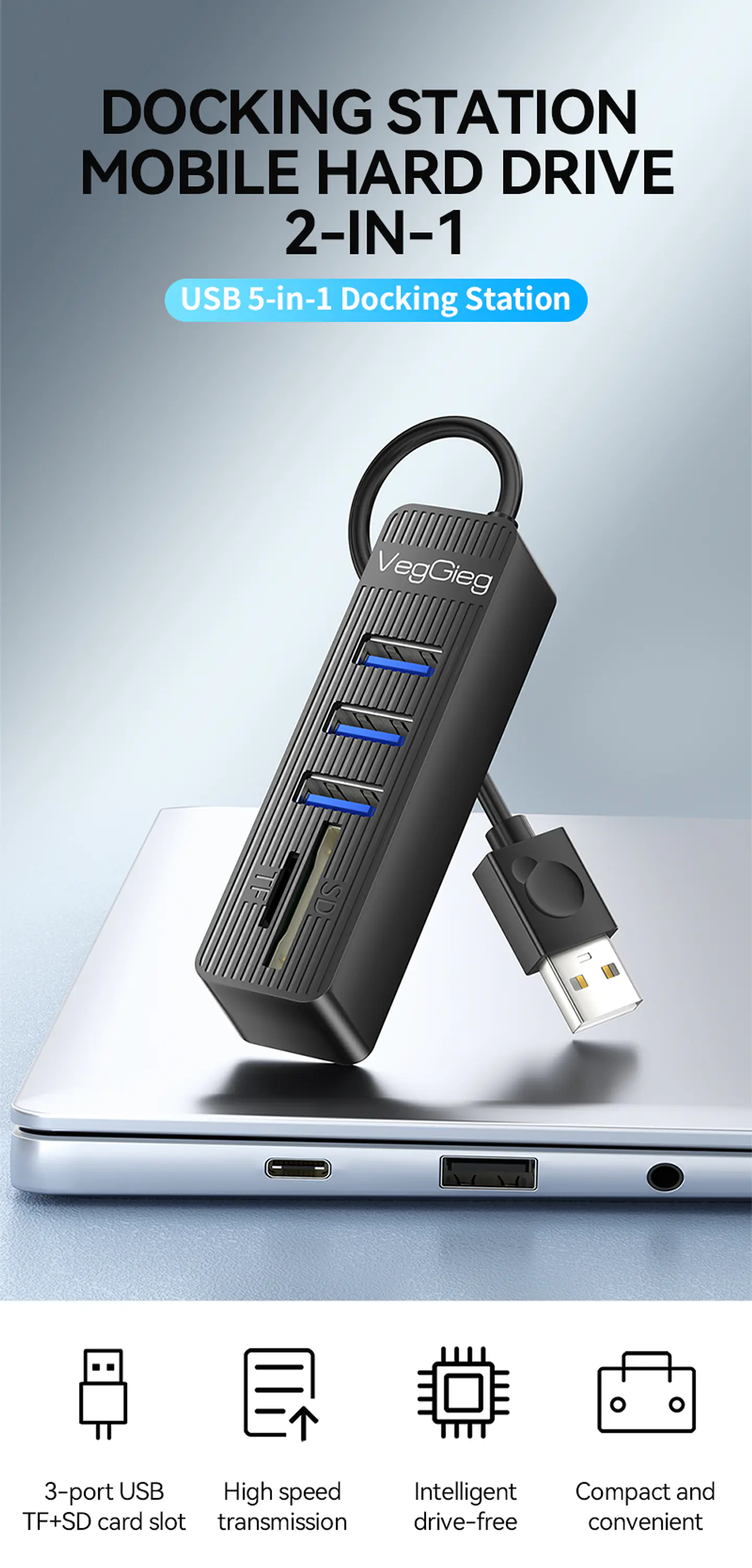 Hub USB 5 en 1 VegGieg V-C303 | 3 Puertos USB + Lector SD / MicroSD | USB 2.0 | Laptop / PC 5