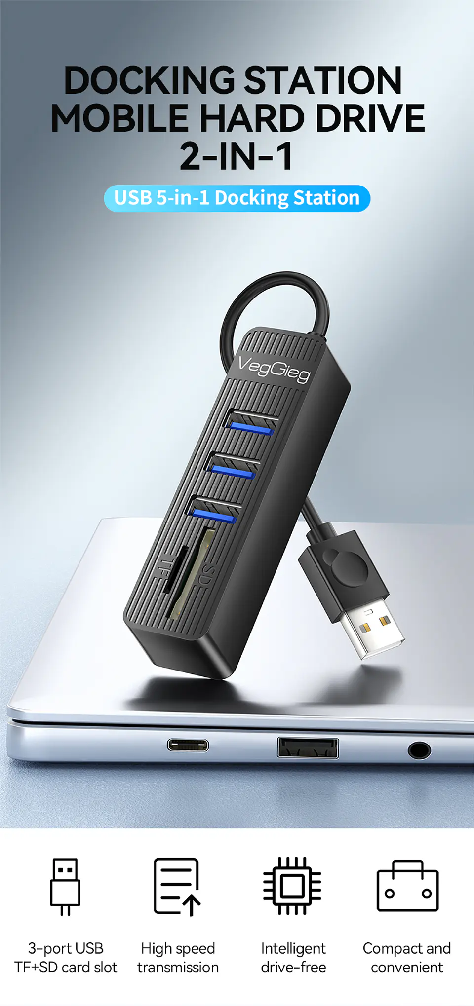 Hub USB 5 en 1 VegGieg V-C303 | 3 Puertos USB + Lector SD / MicroSD | USB 2.0 | Laptop / PC 5