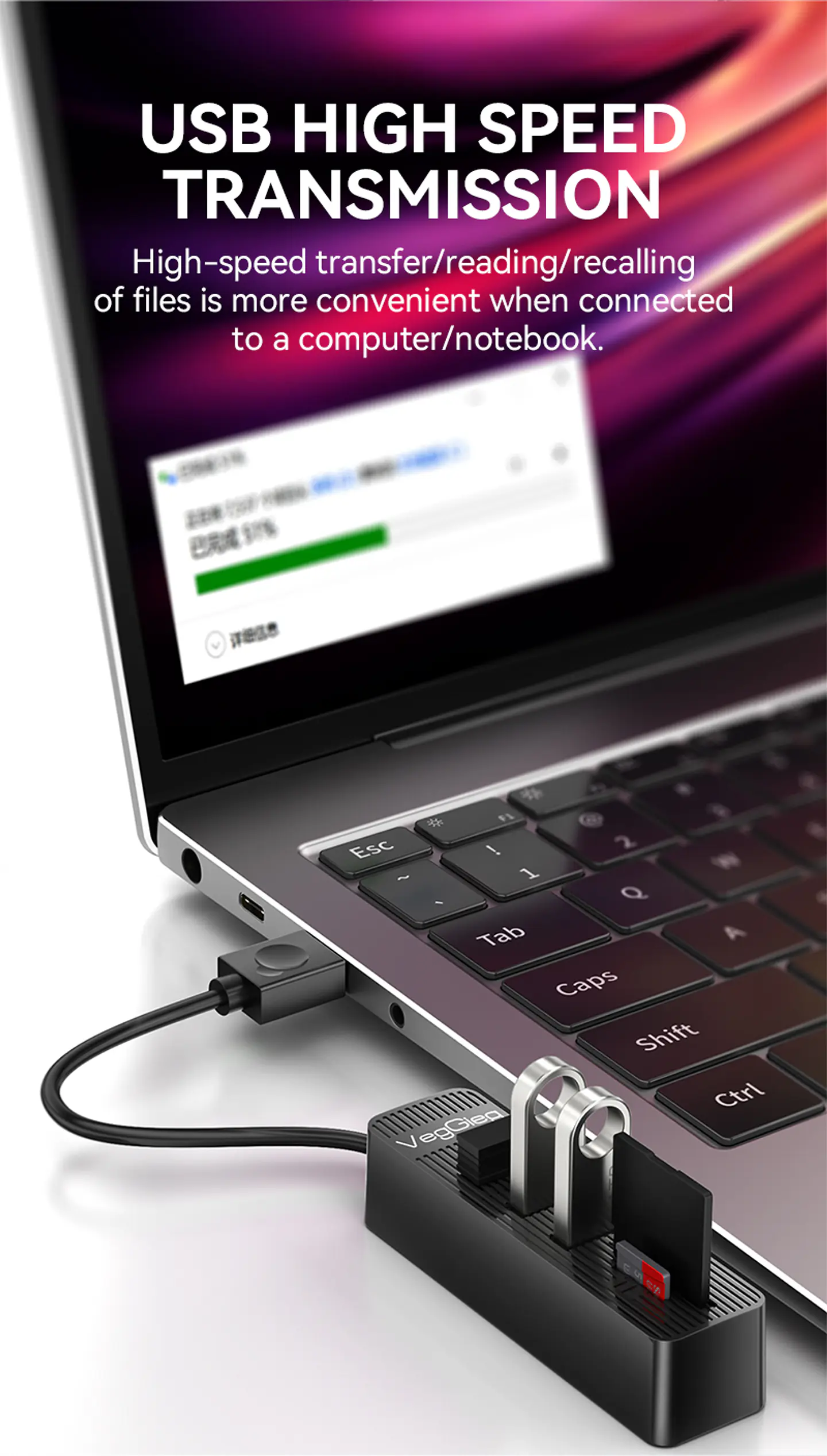 Hub USB 5 en 1 VegGieg V-C303 | 3 Puertos USB + Lector SD / MicroSD | USB 2.0 | Laptop / PC 6