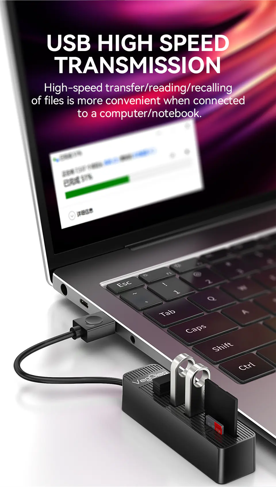 Hub USB 5 en 1 VegGieg V-C303 | 3 Puertos USB + Lector SD / MicroSD | USB 2.0 | Laptop / PC 6