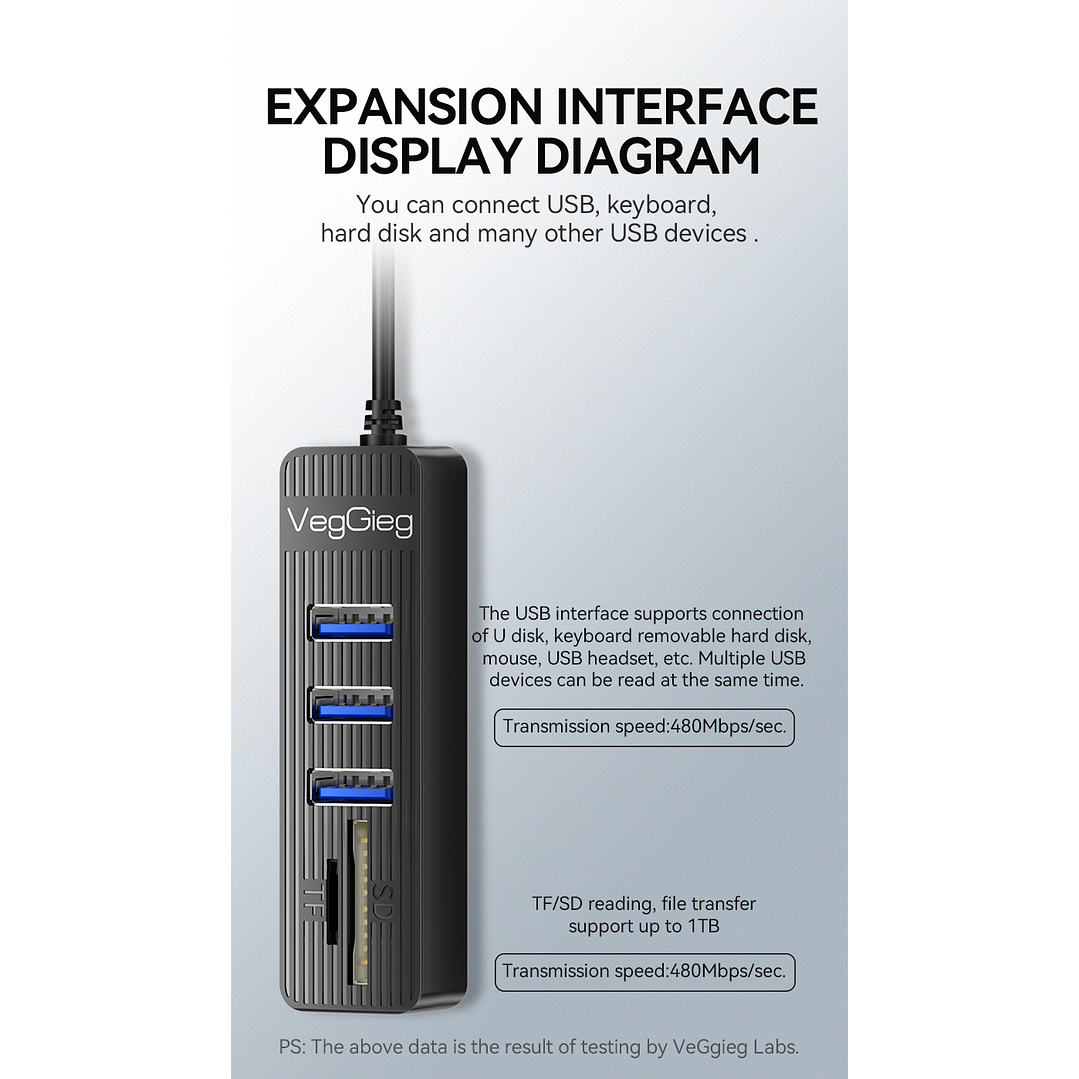 Hub USB 5 en 1 VegGieg V-C303 | 3 Puertos USB + Lector SD / MicroSD | USB 2.0 | Laptop / PC 7