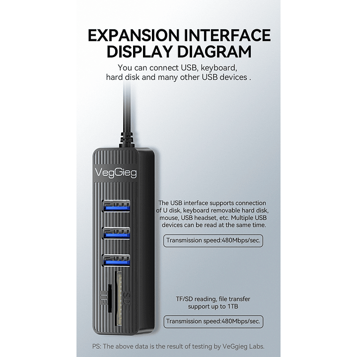 Hub USB 5 en 1 VegGieg V-C303 | 3 Puertos USB + Lector SD / MicroSD | USB 2.0 | Laptop / PC 7