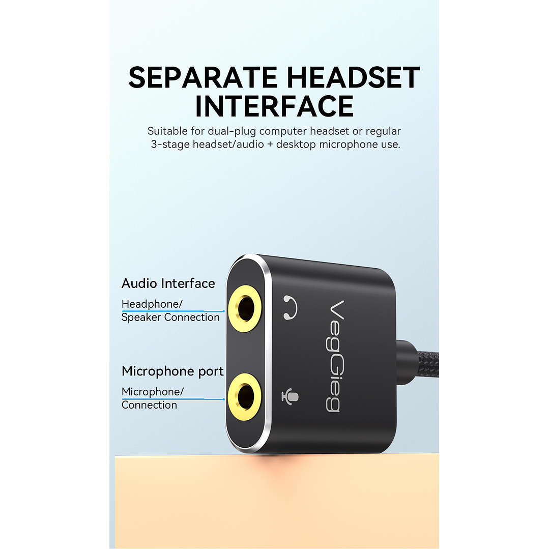 Adaptador USB a Audio 3.5mm + Mic VegGieg V-K103 | Tarjeta de Sonido USB | Plug & Play 5