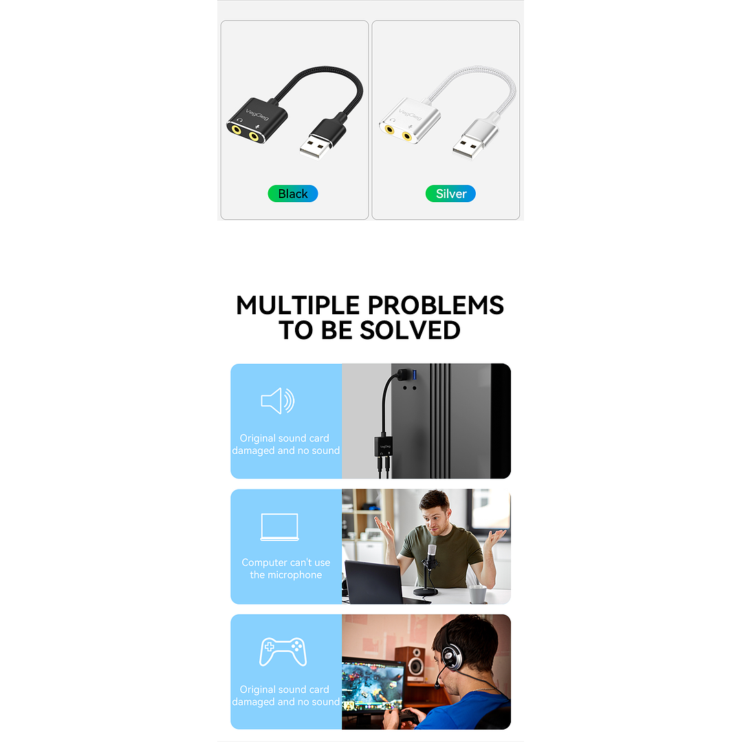 Adaptador USB a Audio 3.5mm + Mic VegGieg V-K103 | Tarjeta de Sonido USB | Plug & Play 7
