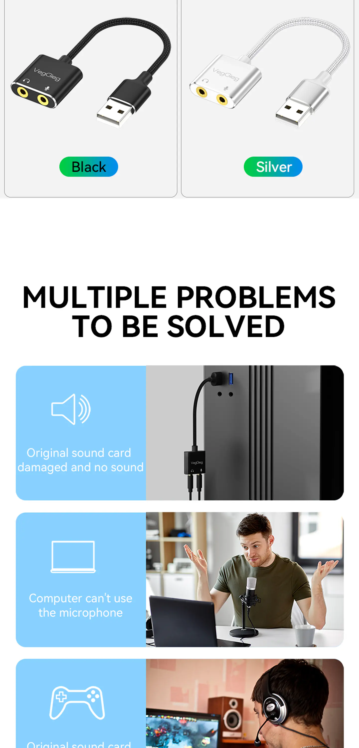 Adaptador USB a Audio 3.5mm + Mic VegGieg V-K103 | Tarjeta de Sonido USB | Plug & Play 7