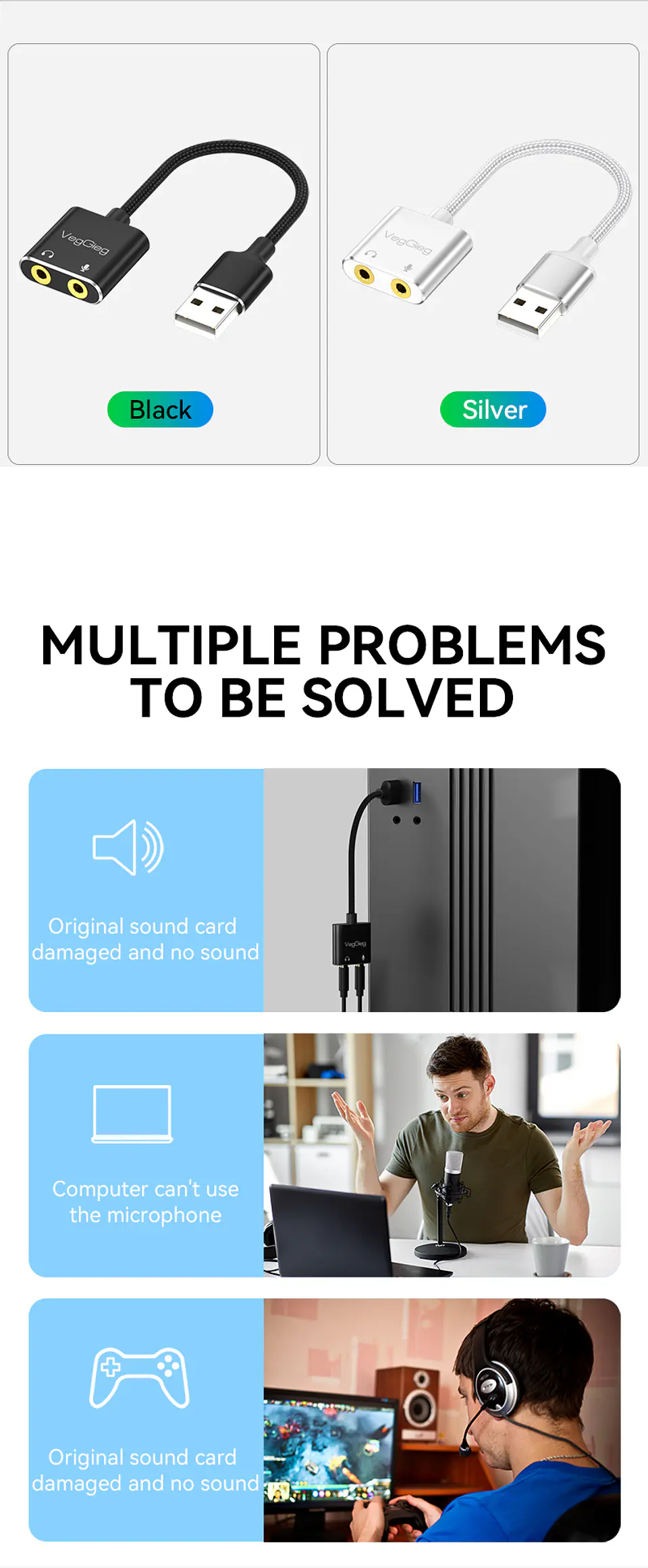 Adaptador USB a Audio 3.5mm + Mic VegGieg V-K103 | Tarjeta de Sonido USB | Plug & Play 7