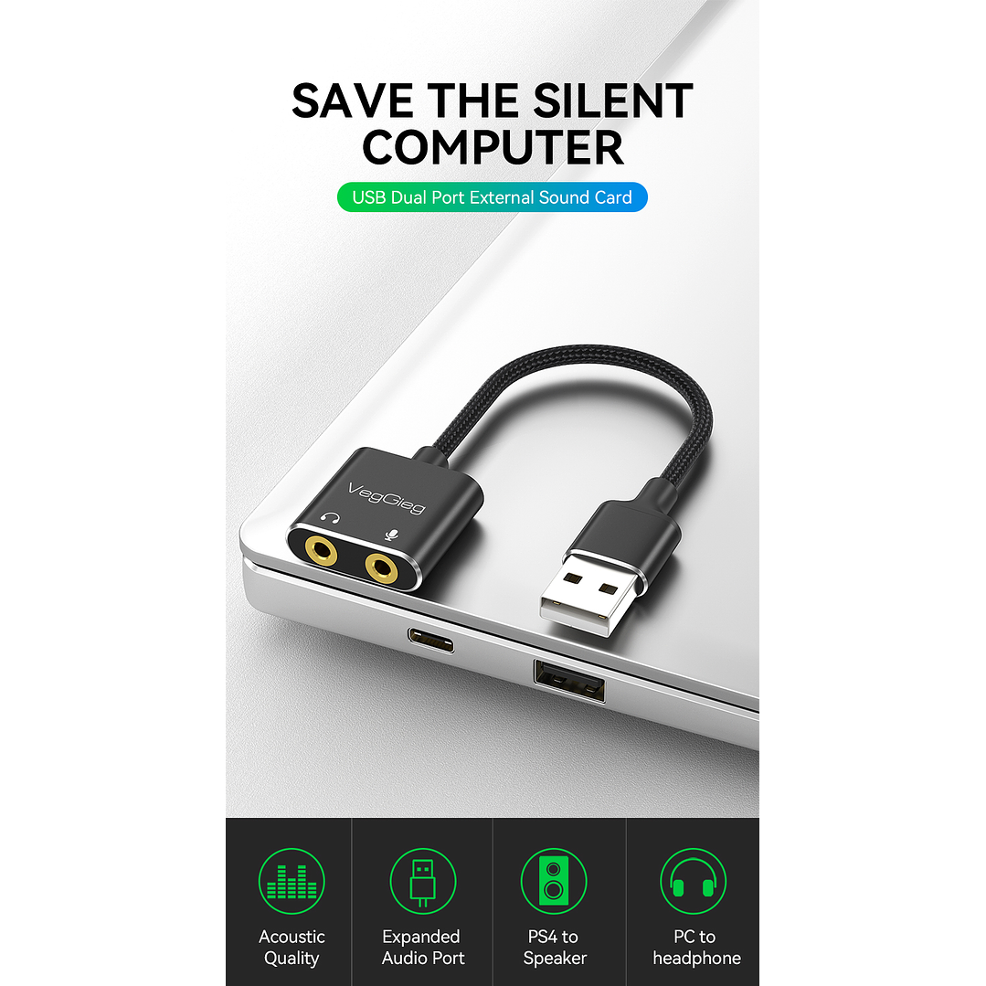Adaptador USB a Audio 3.5mm + Mic VegGieg V-K103 | Tarjeta de Sonido USB | Plug & Play 12