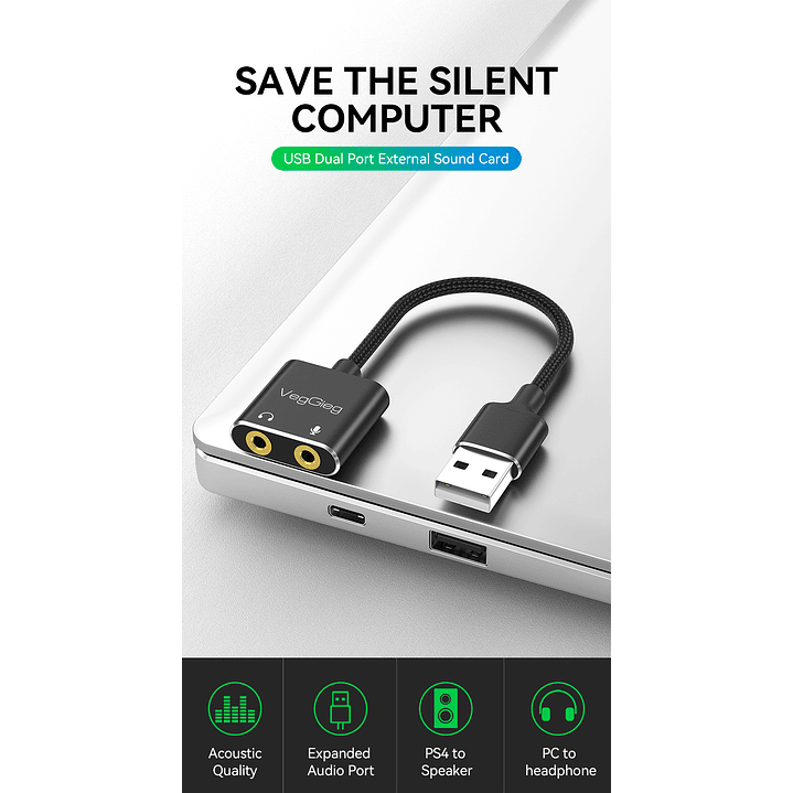 Adaptador USB a Audio 3.5mm + Mic VegGieg V-K103 | Tarjeta de Sonido USB | Plug & Play 12