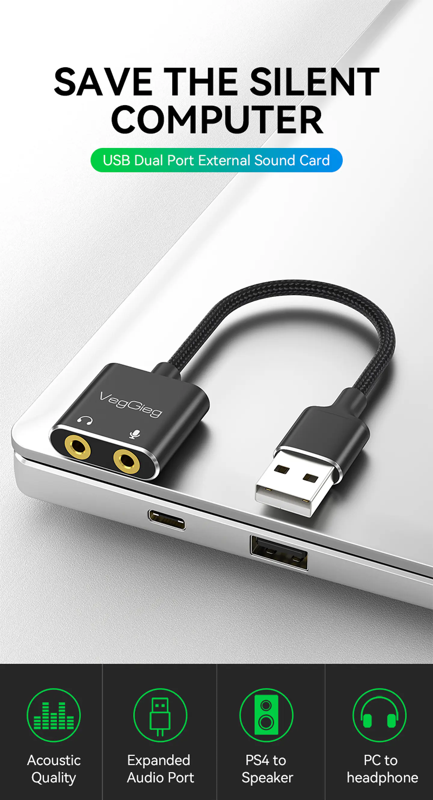 Adaptador USB a Audio 3.5mm + Mic VegGieg V-K103 | Tarjeta de Sonido USB | Plug & Play 12