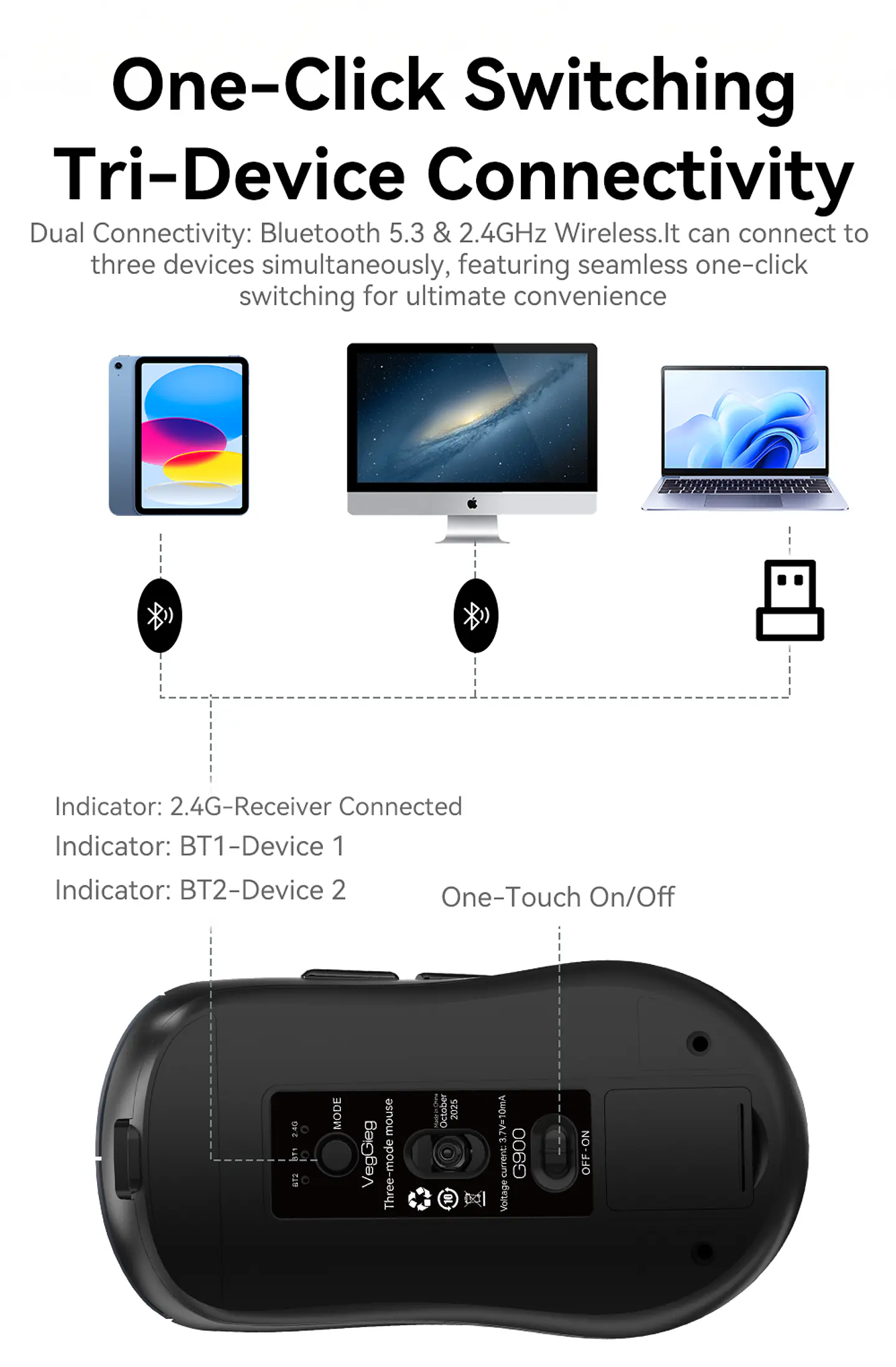 Mouse Inalámbrico VegGieg G900 | Bluetooth + 2.4 GHz | 3600 DPI | Pantalla Digital | Recargable 3