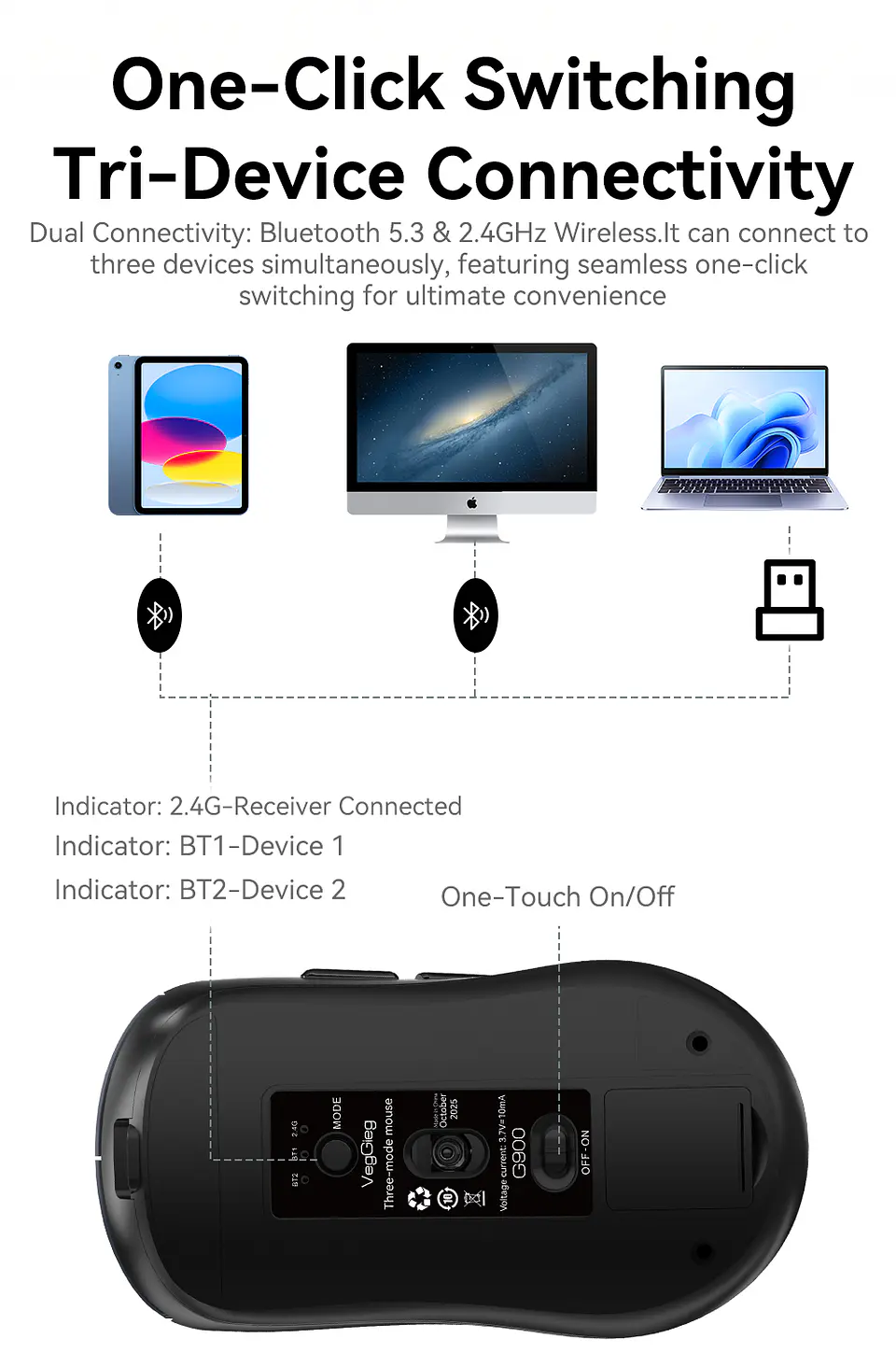 Mouse Inalámbrico VegGieg G900 | Bluetooth + 2.4 GHz | 3600 DPI | Pantalla Digital | Recargable 3