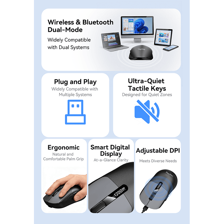 Mouse Inalámbrico VegGieg G900 | Bluetooth + 2.4 GHz | 3600 DPI | Pantalla Digital | Recargable 4