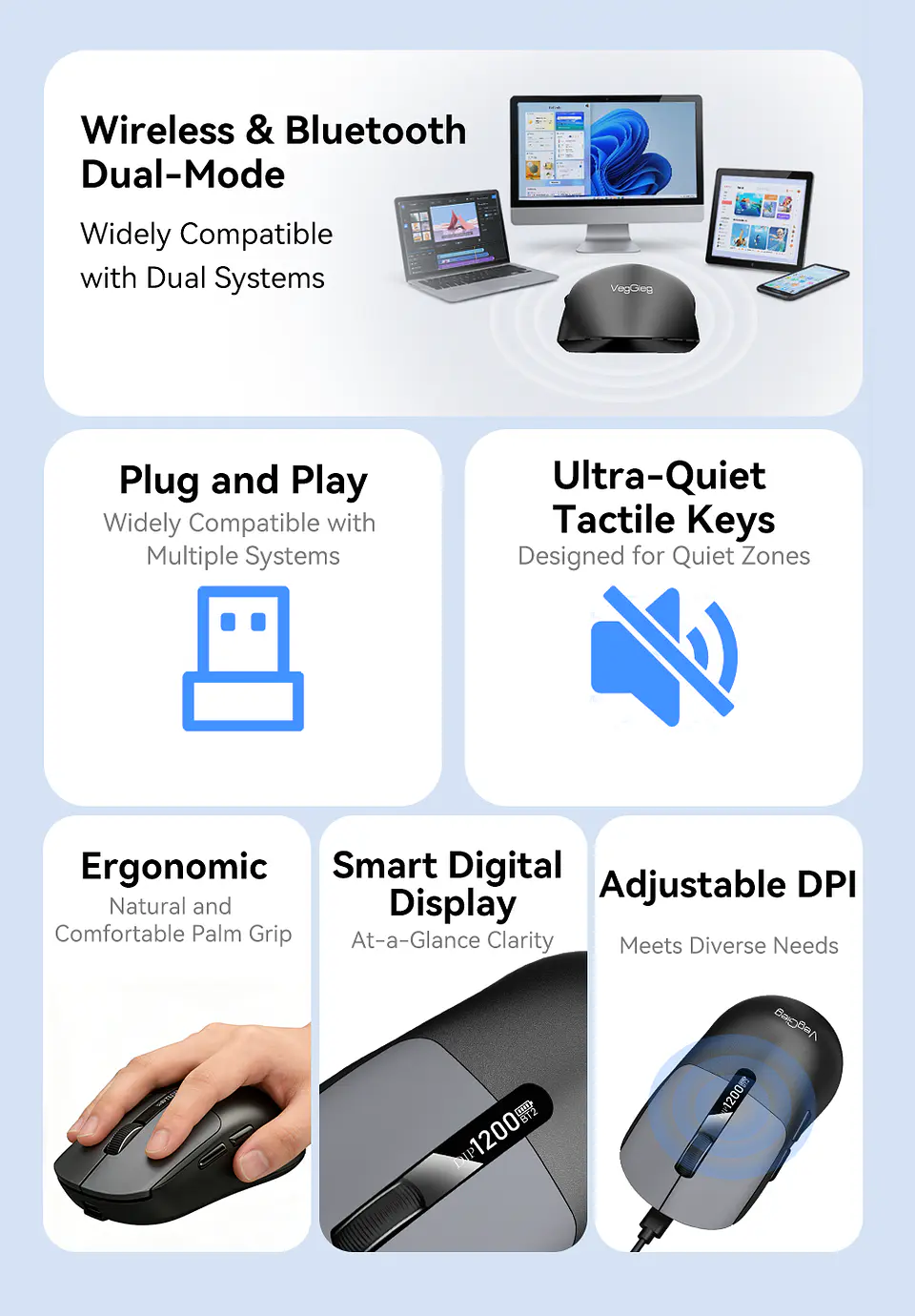 Mouse Inalámbrico VegGieg G900 | Bluetooth + 2.4 GHz | 3600 DPI | Pantalla Digital | Recargable 4