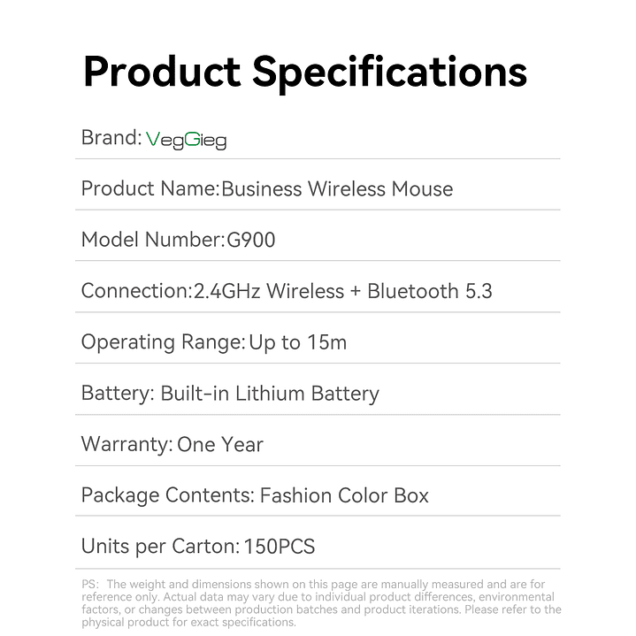 Mouse Inalámbrico VegGieg G900 | Bluetooth + 2.4 GHz | 3600 DPI | Pantalla Digital | Recargable 5