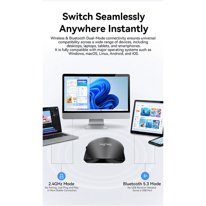 Mouse Inalámbrico VegGieg G900 | Bluetooth + 2.4 GHz | 3600 DPI | Pantalla Digital | Recargable 11