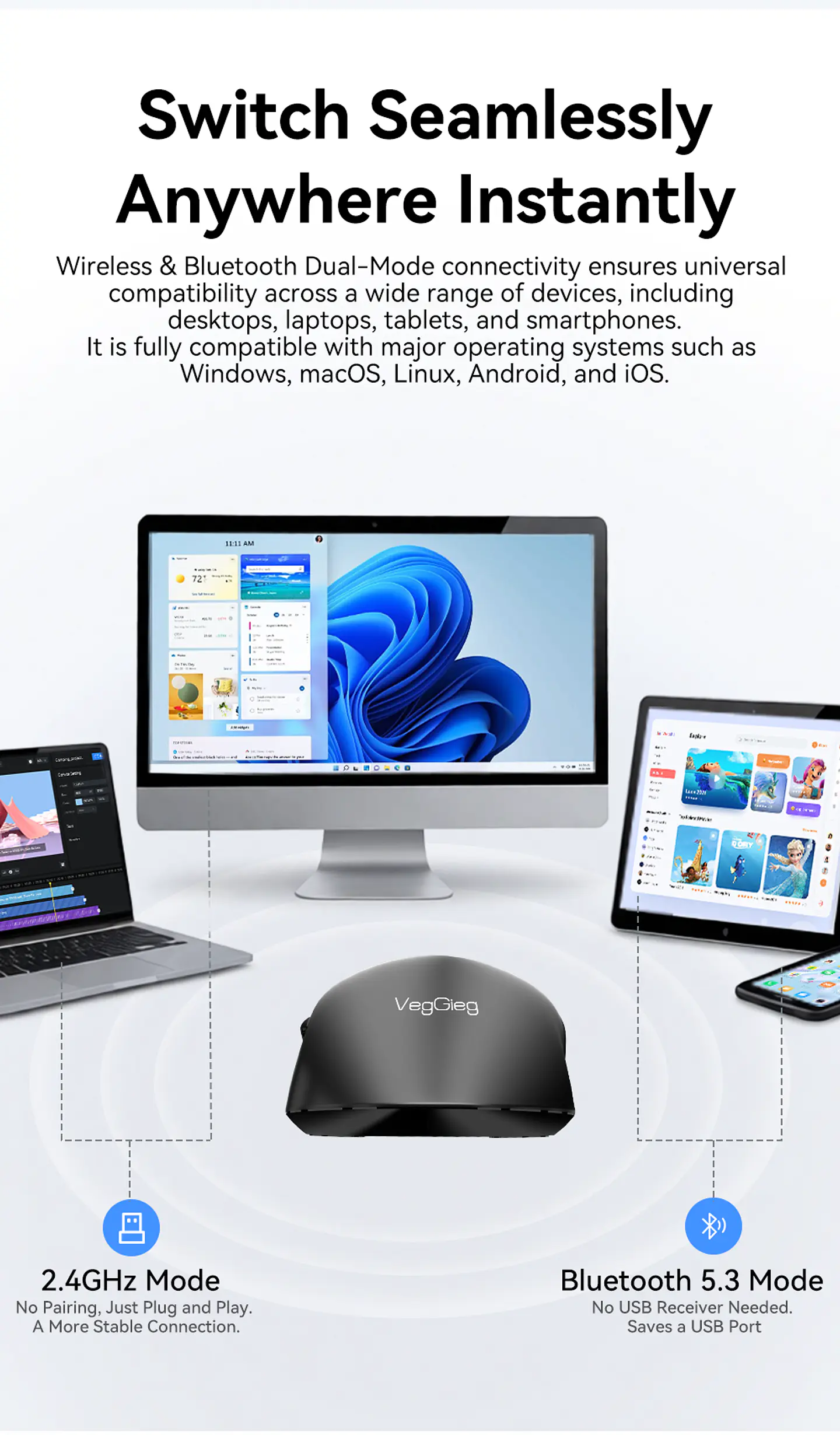 Mouse Inalámbrico VegGieg G900 | Bluetooth + 2.4 GHz | 3600 DPI | Pantalla Digital | Recargable 11