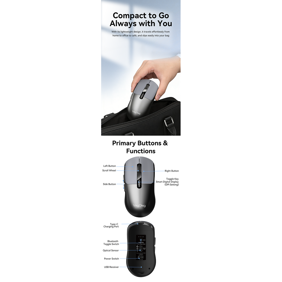 Mouse Inalámbrico VegGieg G900 | Bluetooth + 2.4 GHz | 3600 DPI | Pantalla Digital | Recargable 15